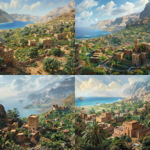 Yemeni architecture, village with coffe farms around mountains a...