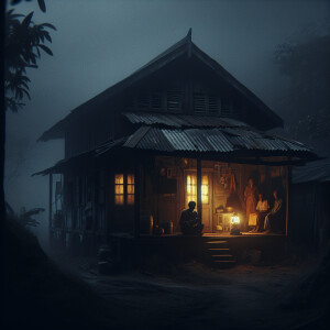 Two men and one woman are in a gloomy, old, dirty house at night