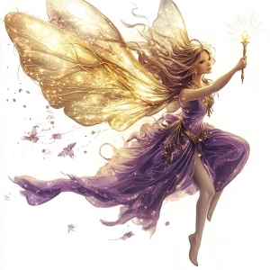 A fairy flying with a golden wand in her hand. Her clothing is s...