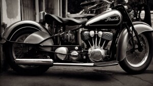 Black and white high quality print image of an old Indian motorc...