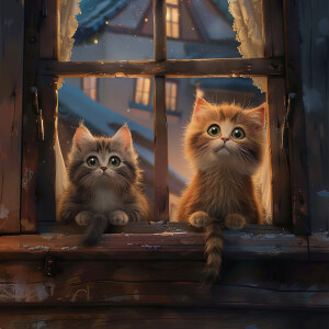A cartoon of three mischievous cats sitting on a ledge, looking...