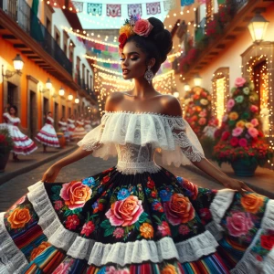 A detailed digital watercolor  illustration of a beautiful Afro Latina woman in a vibrant traditional Mexican folkloric dress dances gracefully in a lively, festive street. The dress has an off-shoulder white lace top and a voluminous, multicolored skirt adorned with intricate floral embroidery, bold roses, & detailed patterns. Her dark hair is elegantly styled in an updo, decorated with bright flowers matching her dress. Background showcases a picturesque colonial-style town illuminated by warm, glowing lanterns & string lights. The cobblestone street is lined with flower-filled balconies & lampposts, with people enjoying the festive atmosphere. The setting exudes a magical, celebratory ambiance, rich in color & culture.