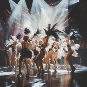 Create a photorealistic image depicting a troupe of Las Vegas showgirls adorned with black and white feather boas, performing a dance routine on a brightly lit stage.