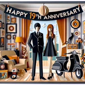 ‘Happy 19th Anniversary!’ Written
A 60s mod vibe with a tan male...