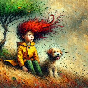 Digital Abstract Art  oil painting of a Freckled child with red...
