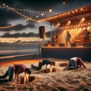 scene on the seashore, there is a rock concert of the group infe...