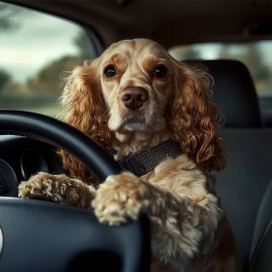 Cream Cocker spaniel behind steering wheel in car driving car. Dog holding onto steering wheel driving down road View of front of car . Dig looking out front window. Hood of . View outside of car