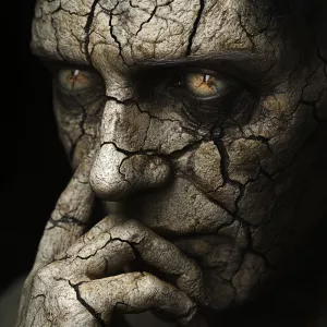 A close-up photo of a cyborg's face, rendered in a surrealistic...