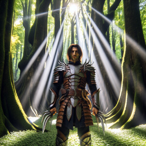 Elf man in the woods large green trees tower above letting in st...