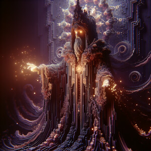 In the depths of a cimmerian virtual realm, a towering figure cl...