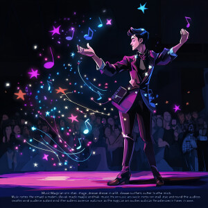 “An AI Music Magician on stage, dressed in a modern, sleek outfi...