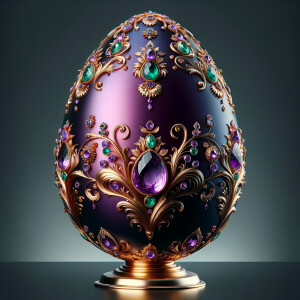 Create an image of an exquisite egg-shaped object, oriented to face the viewer head-on. The design should feature a deep purple base adorned with opulent gold filigree, floral patterns, and encrusted with various jewels such as emeralds, sapphires, and a prominent amethyst. The egg stands regally on a gold pedestal, gleaming with reflective elegance. Its intricate details and rich colors should convey a sense of luxury and royal splendor.