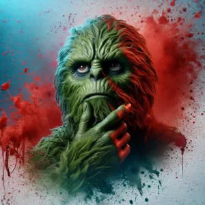 A close-up photo of The Grinch's face, rendered in a surrealisti...