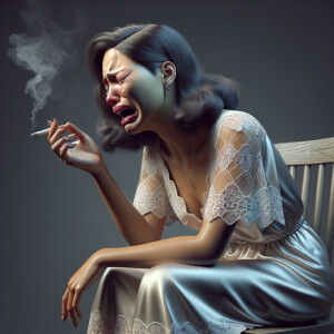 Crying woman in a nightgown siting on her chair smoking a cigarette .