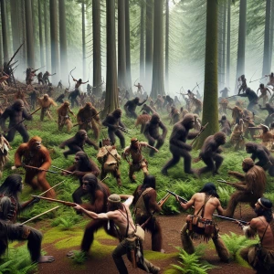 Large army of humanoid Sasquatches clashing with Native American...