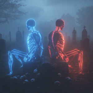 This is a CGI (computer-generated imagery) artwork depicting two...