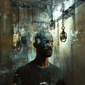 "Create a highly detailed, surreal portrait of a man in a neglec...
