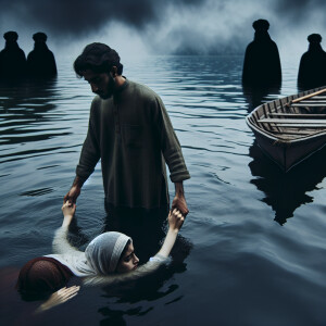 A guy and a girl in the lake. Nearby, the boat is filling with w...
