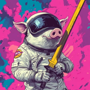 Cute cartoon pig in vintage white spacesuit and NASA style helme...