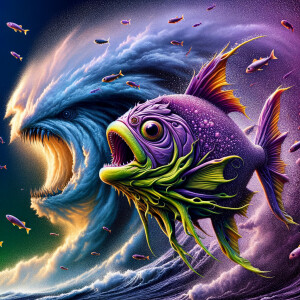 Purple lime piranha no teeth playing with a hurricane