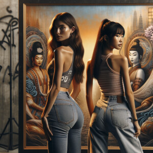 Athletic Thin skinny Attractive, Asian teenage girl, long brown hair and bangs, wearing tight skinny jeans and a halter top paint marks on her clothing, heroic pose Asian graffiti background, backside view