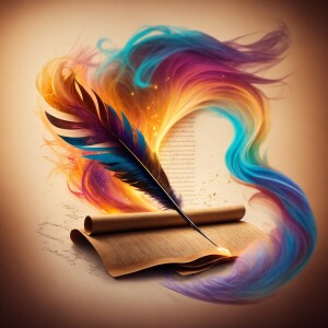 A mystical quill writing on a parchment scroll, surrounded by sw...