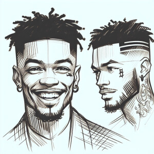 Create a head sketch of Chris Brown with a joyful expression