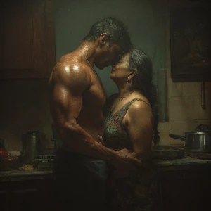 Realism photo painting.a muscular sweaty indian man standing b...