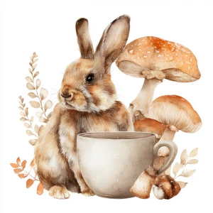 Rabbit under mushroom, watercolor on a white background, vector-...