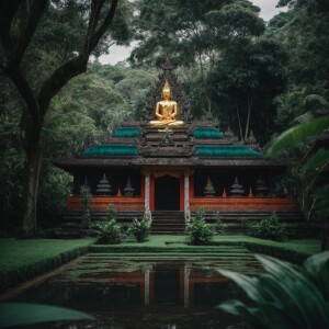 Theravada Buddhist temple located in bali surrounded by lush gre...