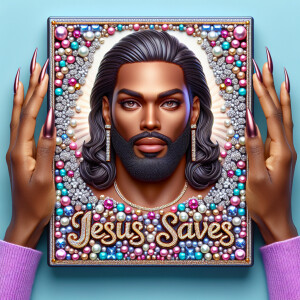 A 3D realistic artwork featuring the phrase 'Jesus Saves' adorne...