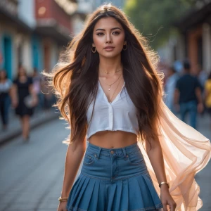 stunning Peruvian young woman, early 20s, with long flowing brow...