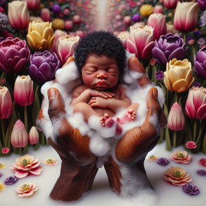 A newborn African-American baby with curly black hair, held gent...