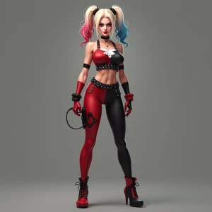 Create a full-body image of Harley Quinn, showcasing her iconic...