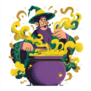 cartoon wizard character stirring bubbling cauldron of coffee wi...