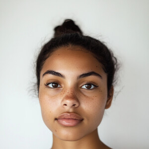 Portrait of a 19-year-old woman with a delightful appearance, ha...