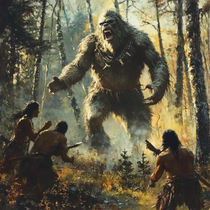 A group American choctaw chase a towering, hair-covered humanoid...