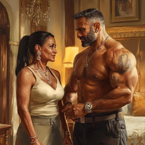 realism art style 1:1 .A sweaty muscular man talking with his 54...