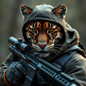 Clever panther wearing camouflage and sniper gear, holding a sni...