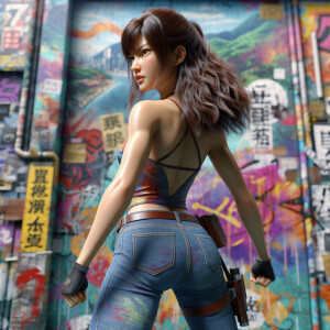 Athletic Thin skinny Attractive, Asian teenage girl, long brown hair and bangs, wearing tight skinny jeans and a halter top paint marks on her clothing, heroic pose Asian graffiti background, backside view