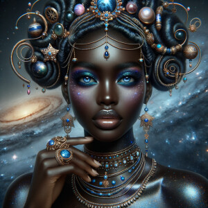 "Create a portrait of a regal African-American woman with an ethereal and cosmic theme. Her skin is a glossy ebony, with a smooth and flawless finish that reflects light. Her eyes are a striking electric blue, like sapphires, with a makeup that accentuates their shape and the intensity of their color. Her hair is styled into an intricate array of braids, coils, and twists that cascade down and frame her face, adorned with beads and jewels that catch the light. She wears an elaborate headdress made of swirling patterns and motifs that evoke the mysteries of the universe, studded with shimmering stones and intricate enamel work in hues of blue and gold. Her attire consists of a cascade of layered necklaces and a majestic, shoulder-grazing earring, each piece detailed with a mix of precious stones, metals, and intricate beadwork. The background is a tapestry of stars and nebulas, suggesting a connection to the cosmos. Her pose is serene, with a hand gracefully touching her chin, adorned with rings that complement her other jewelry, all coming together to suggest an aura of wisdom and grace."