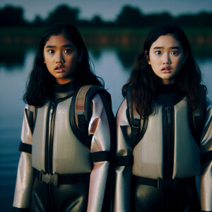 Two girls in a hydro suit stand with their backs to the lake in...