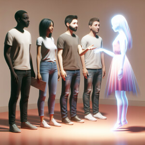 Two guys. Two girls. In full growth. They are standing in a brig...