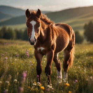 A stunningly realistic chestnut baby horse (foal) standing in a...