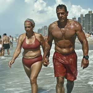 PhotoRealism,a muscular sweaty man walking with his 50 years ol...