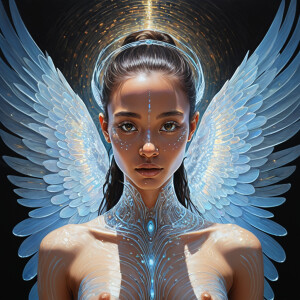 A mesmerizing digital avatar, bathed in ethereal light and surro...