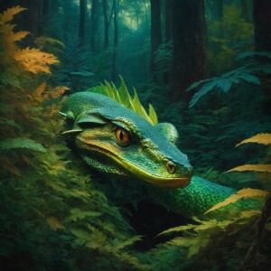 A mystically shimmering basilisk, its glistening scales reflecti...