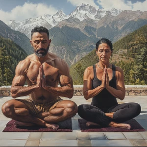 Hyperrealism art style,A muscular beefy sweaty  man and his 50-y...