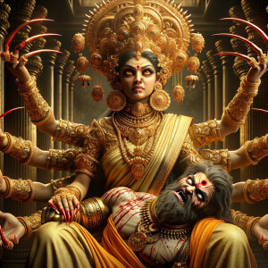 portrait of angry looking, four-armed indian goddess  sitting on a gold crown and carrying a weak mahishasur on her lap and poking his abdomen with her amazingly long red fingernails . She is wearing gold armor, a huge gold crown, gold saree, abundant  gold jewelry, covered in blood. The scene is set in ancient India. The image is 8K resolution, cinematic, photography, ultra detailed face and epic.