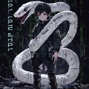 An anime-style coder character named Alone standing with a large...